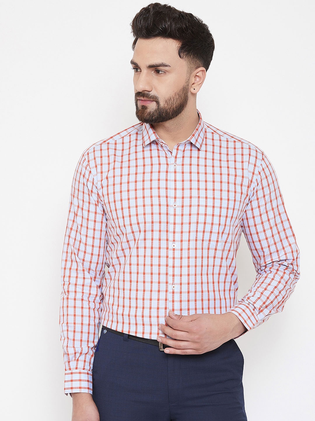 

Canary London Men Blue & Orange Slim Fit Checked Formal Shirt