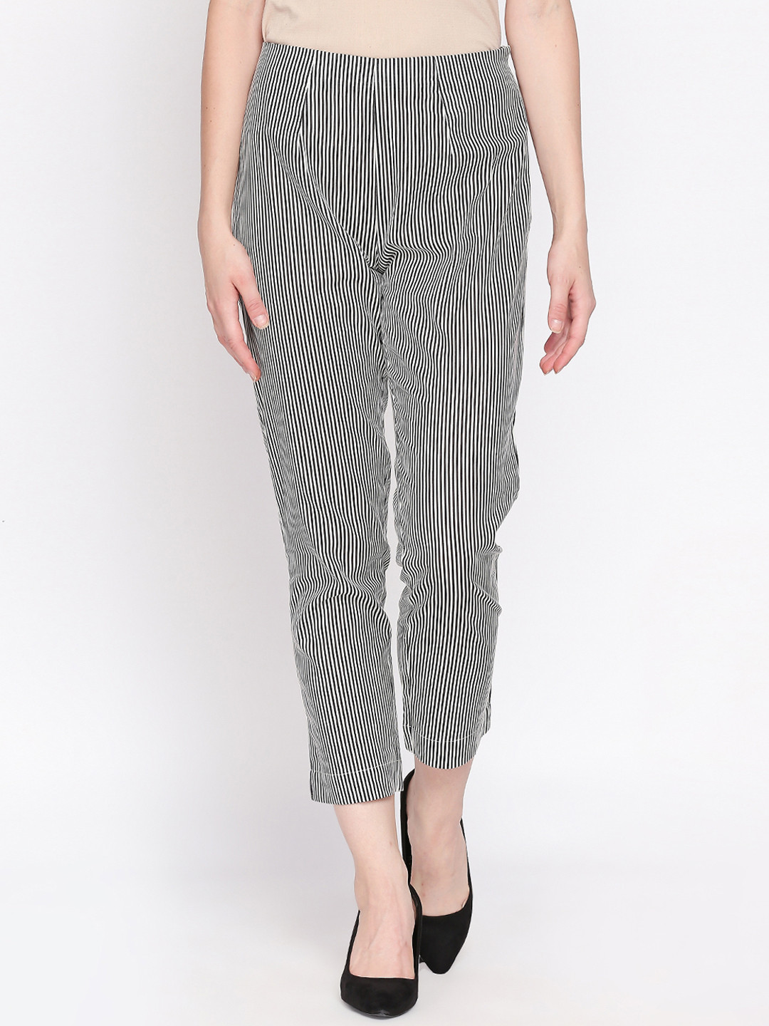 

RANGMANCH BY PANTALOONS Women White & Black Regular Fit Striped Cigarette Trousers