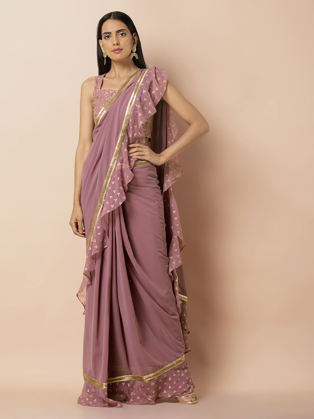 

INDYA Pink Polyester Solid Skirt Saree, Nude