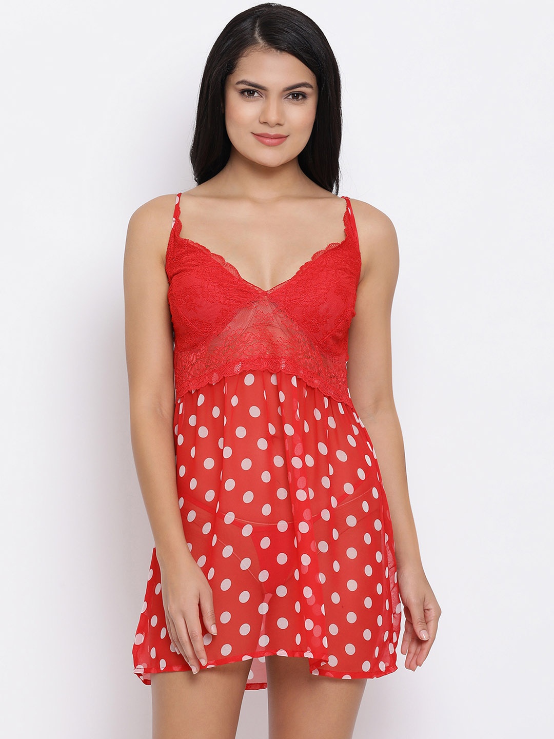 

Clovia Red & White Polka Dot Printed Baby Doll NS1295P04S