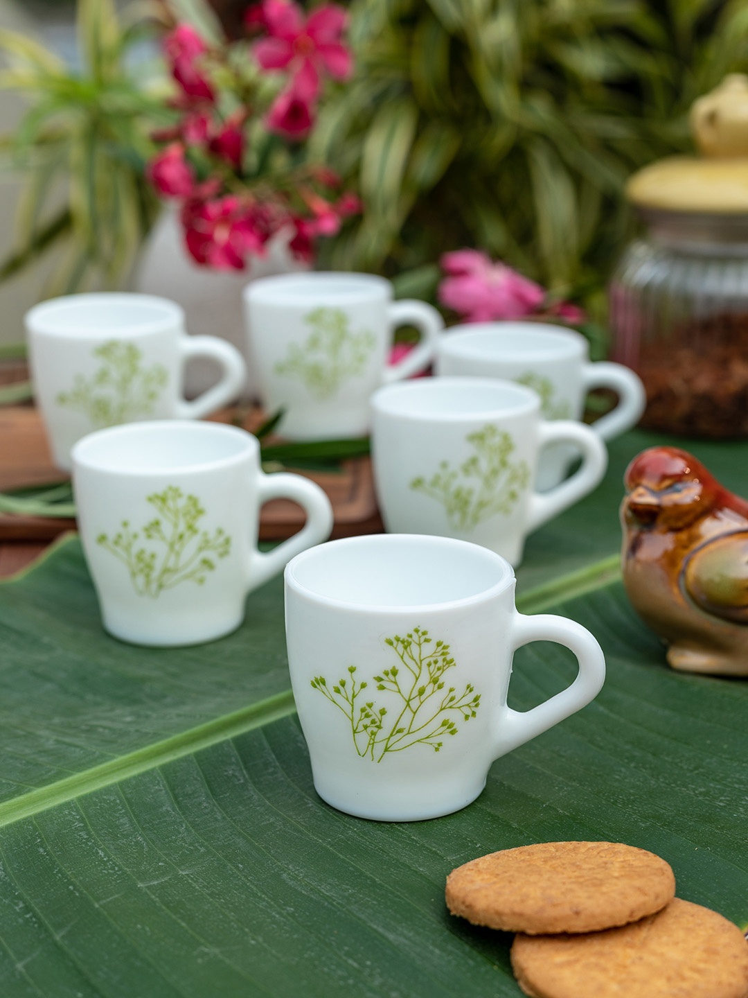 

Laopala Set of 6 White & Green Printed Opalware Cups