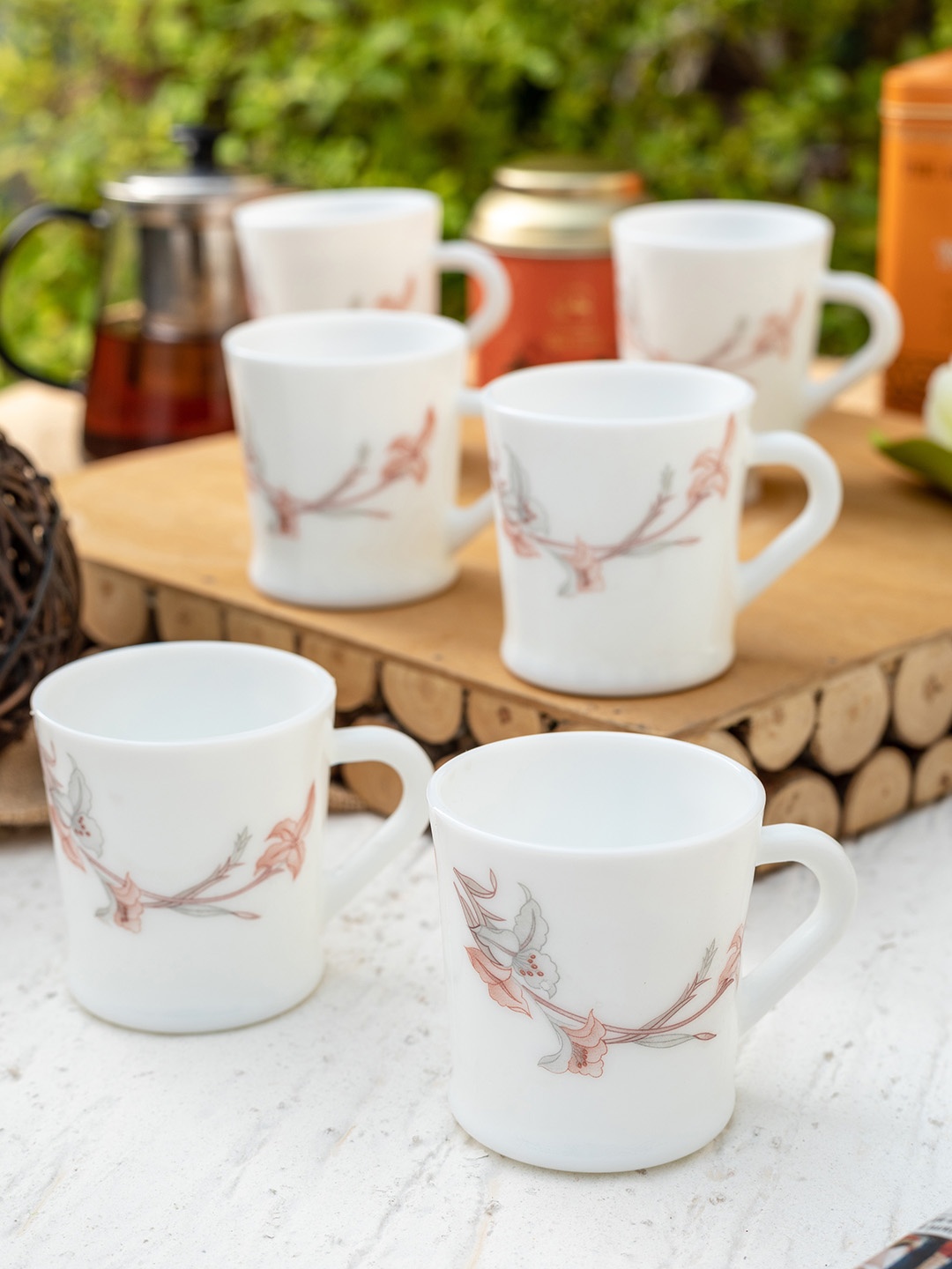 Laopala Set of 6 White & Pink Printed Opalware Cups