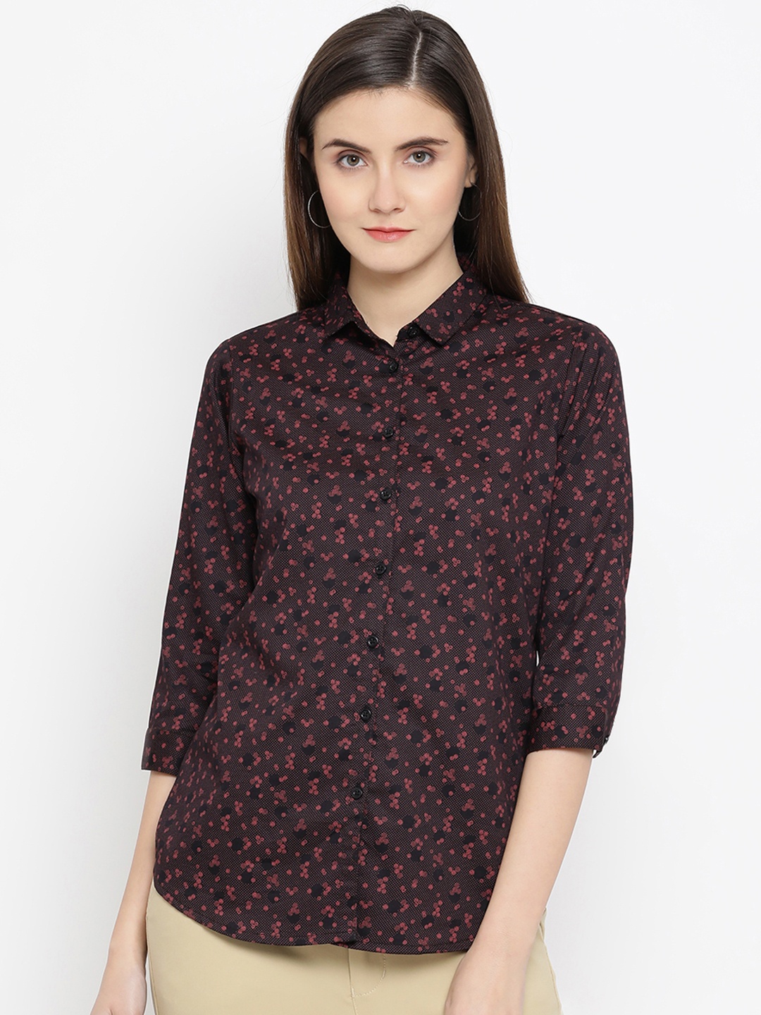 

Crimsoune Club Women Maroon & Peach-Coloured Slim Fit Printed Casual Shirt