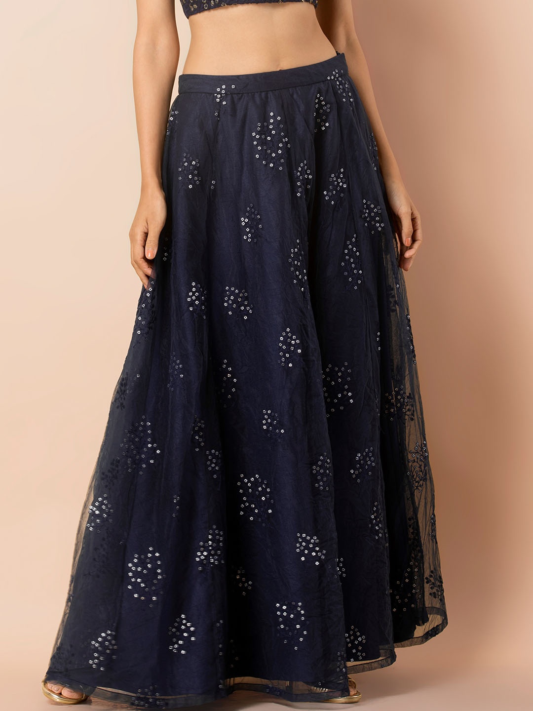 

INDYA Women Navy Blue Embroidered Mesh Flared Maxi Skirt with Cancan
