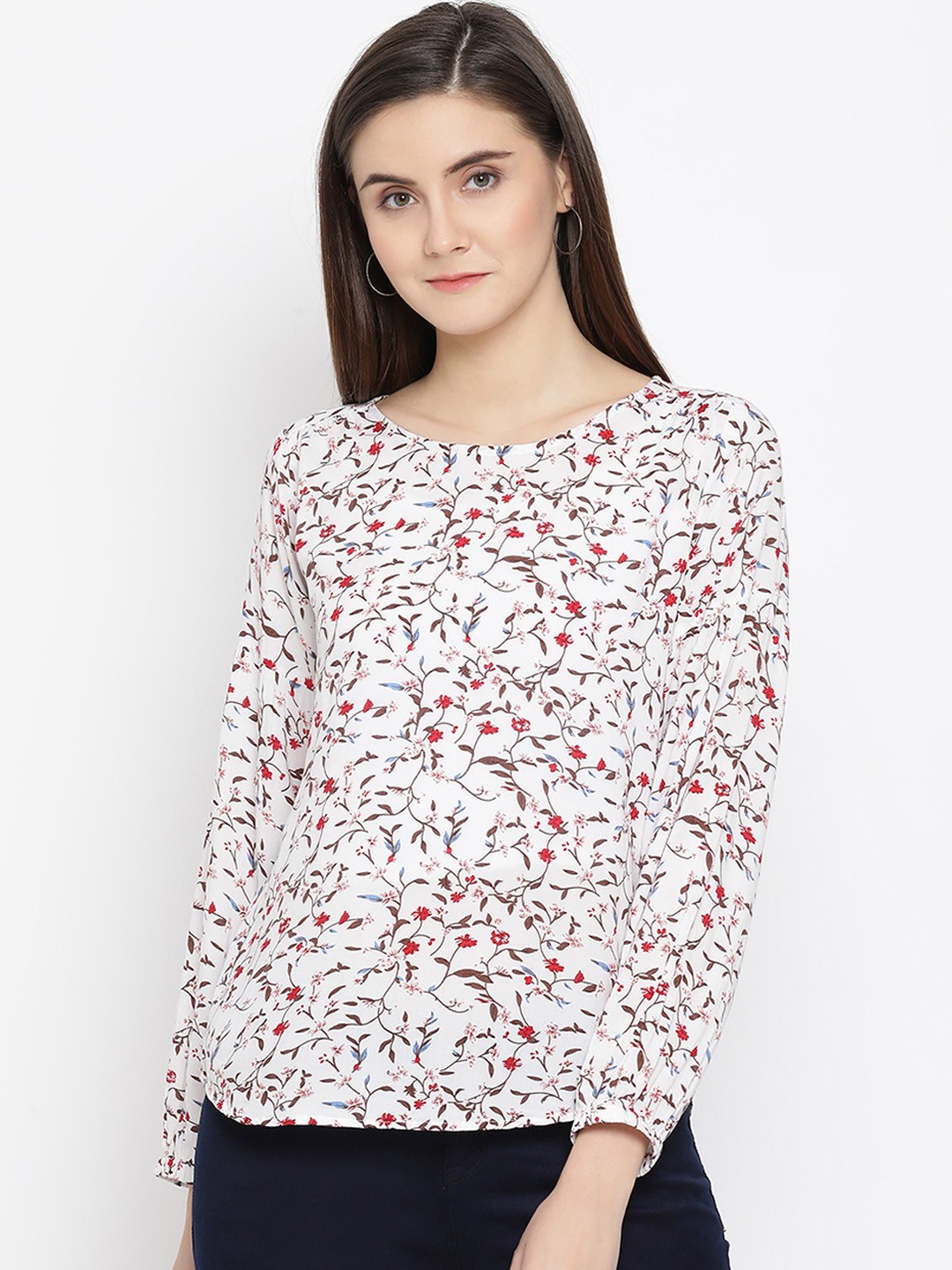 

Crimsoune Club Women White & Red Floral Printed Top