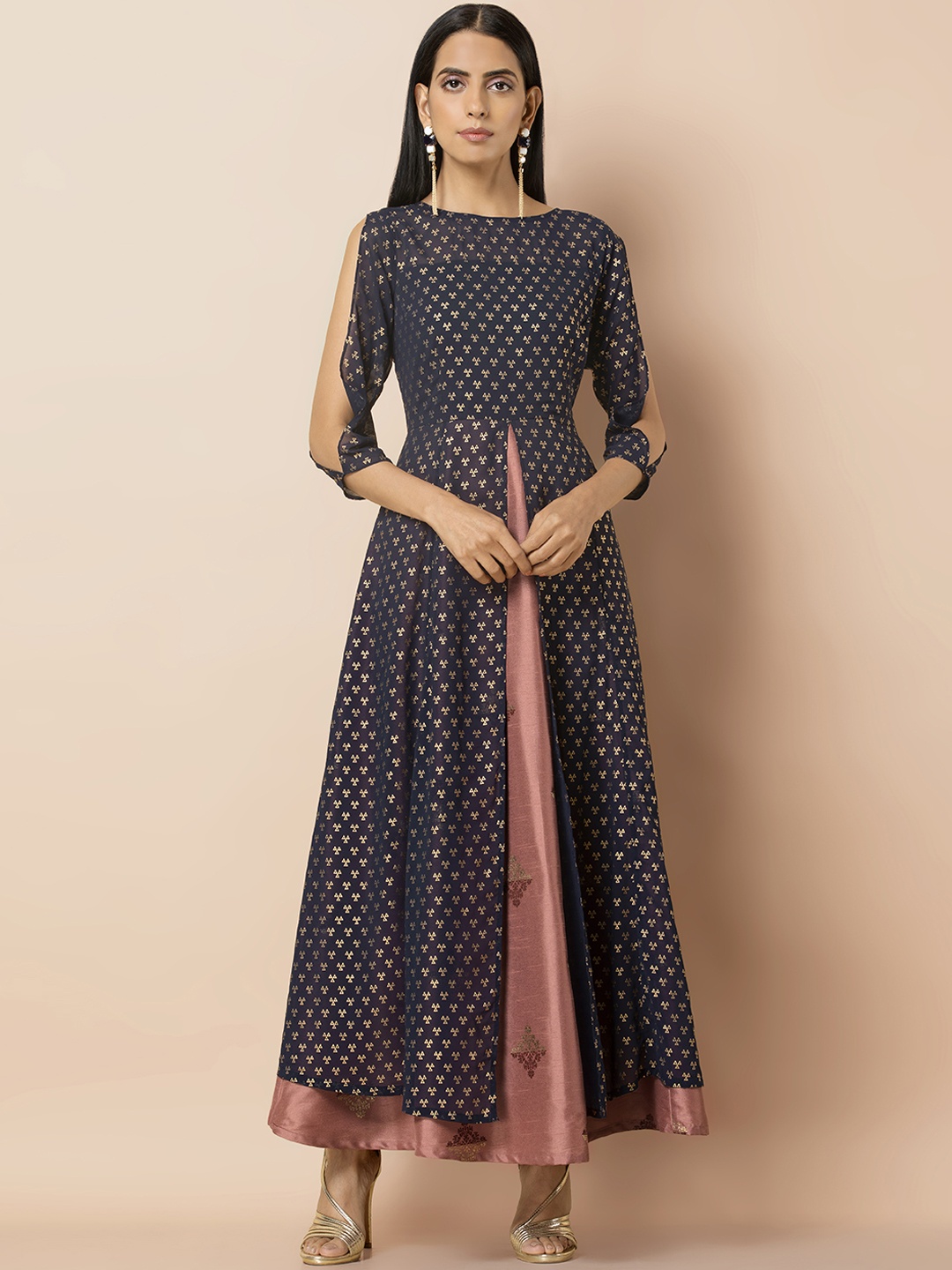 

INDYA Women Navy Foil Slit Sleeve Dress with Attached Skirt, Blue