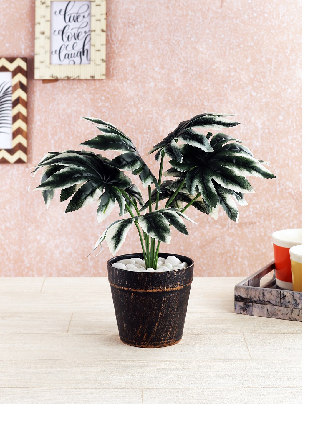 

FOLIYAJ Green & White Artificial Spiderweb Plant with 9 Leaves