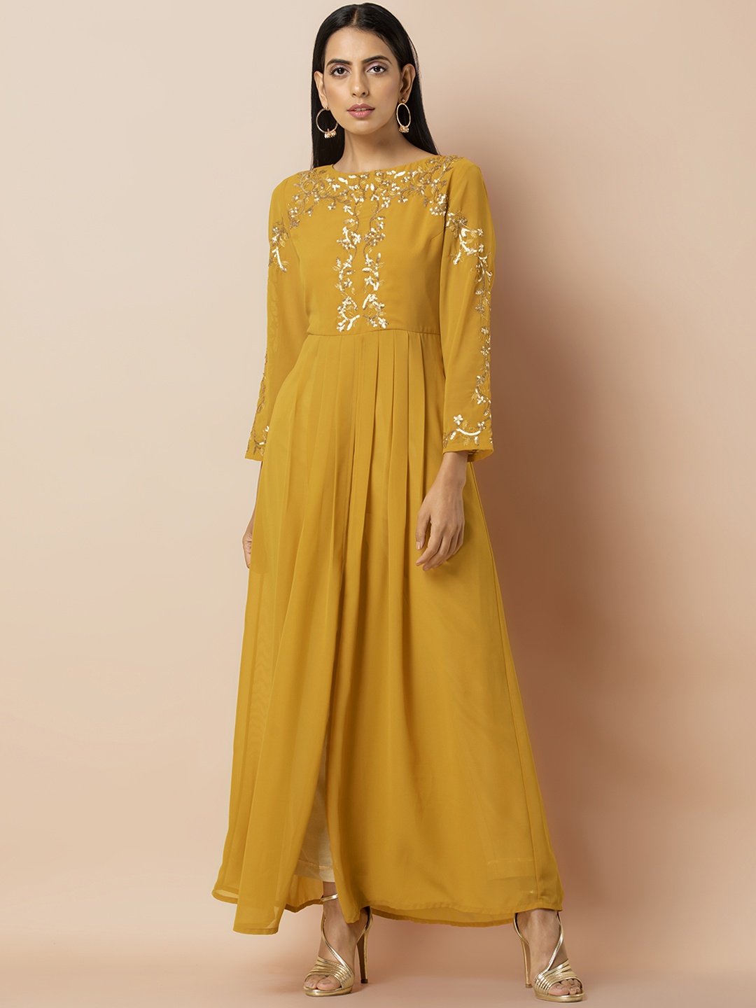 

INDYA Women Yellow Embroidered High Slit Maxi Kurta