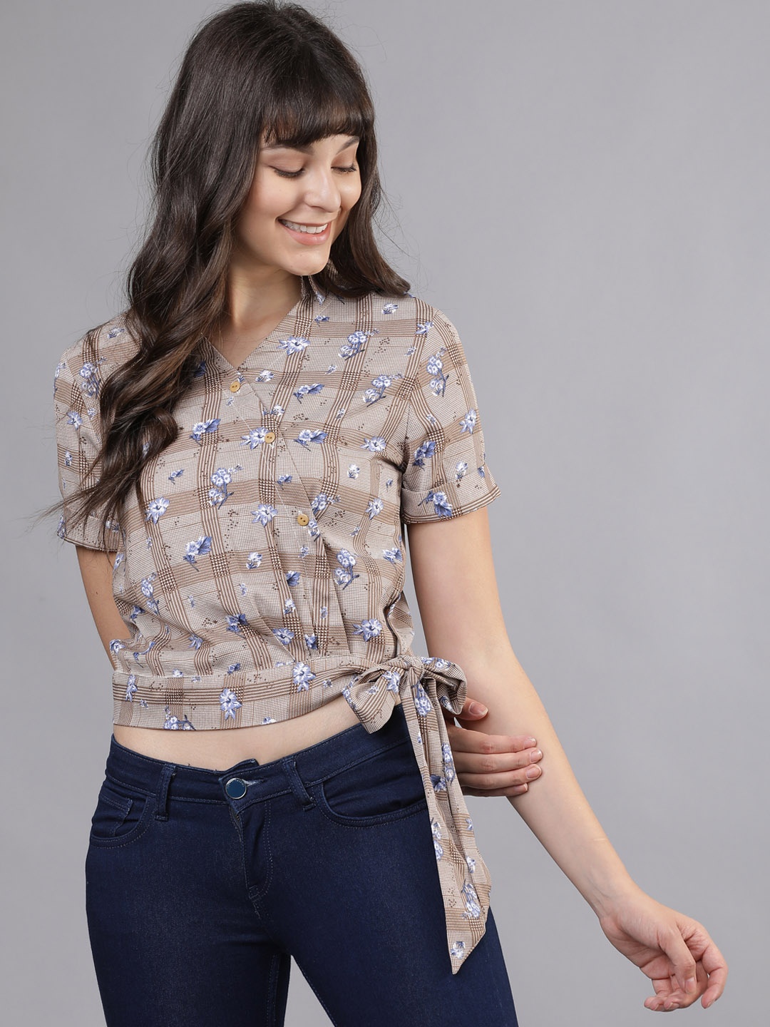 

Tokyo Talkies Women Brown Printed Wrap Crop Top