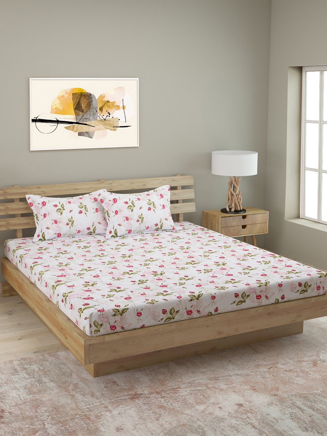 

ROMEE White & Pink Floral 250 TC Poly Satin 1 Queen Bedsheet with 2 Pillow Covers