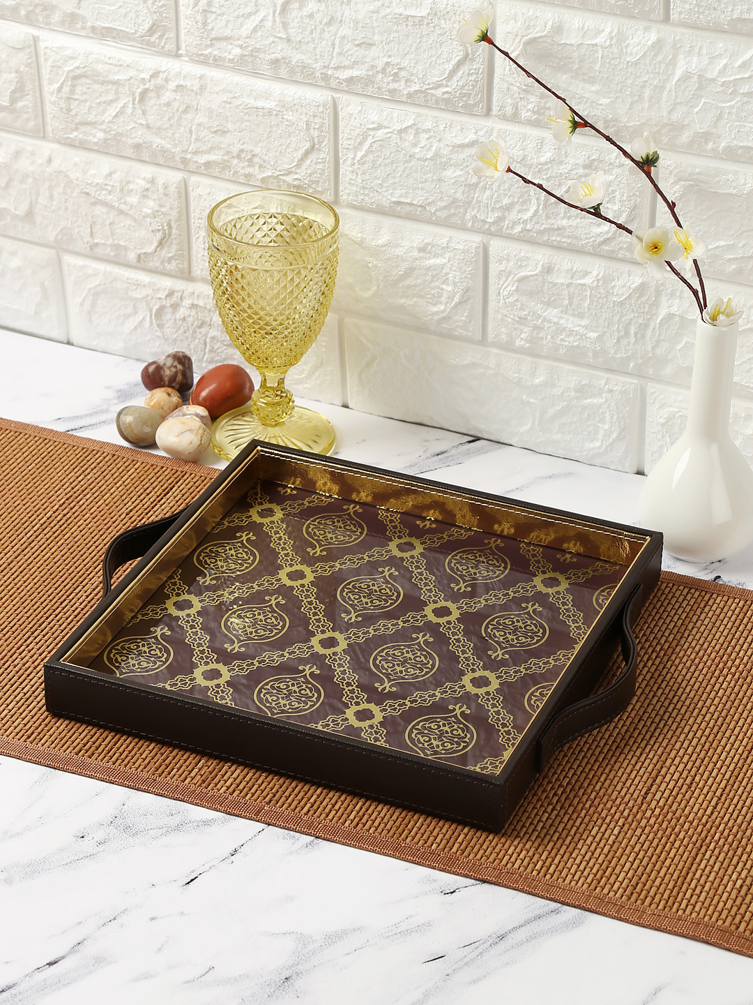 

India Circus by Krsnaa Mehta Coffee Brown & Gold-Toned Leather Tray