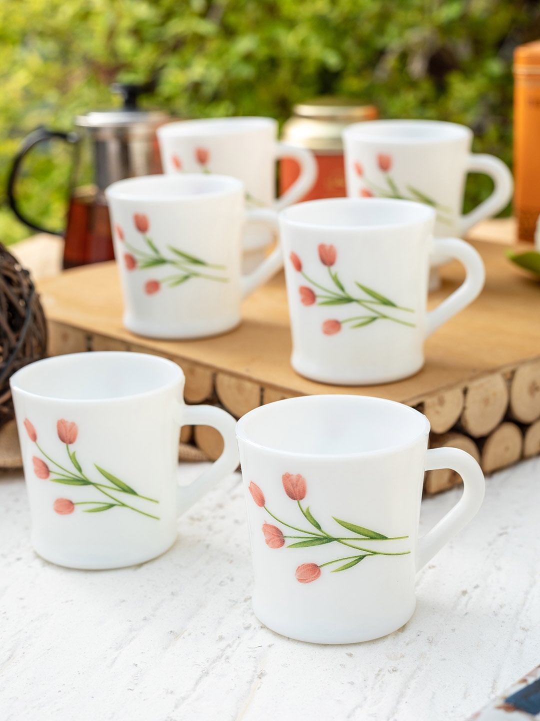

Laopala White & Green Set Of 12 Printed Opalware Cups Set