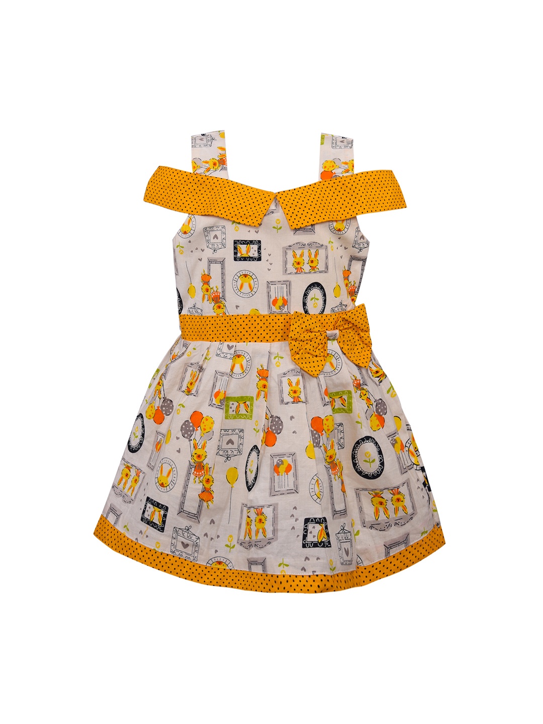 

Wish Karo Girls Yellow & Off-White Printed Fit and Flare Dress