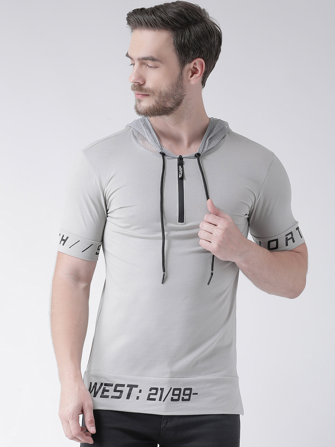 

Rex Straut Jeans Men Grey Printed Hooded Slim Fit T-shirt