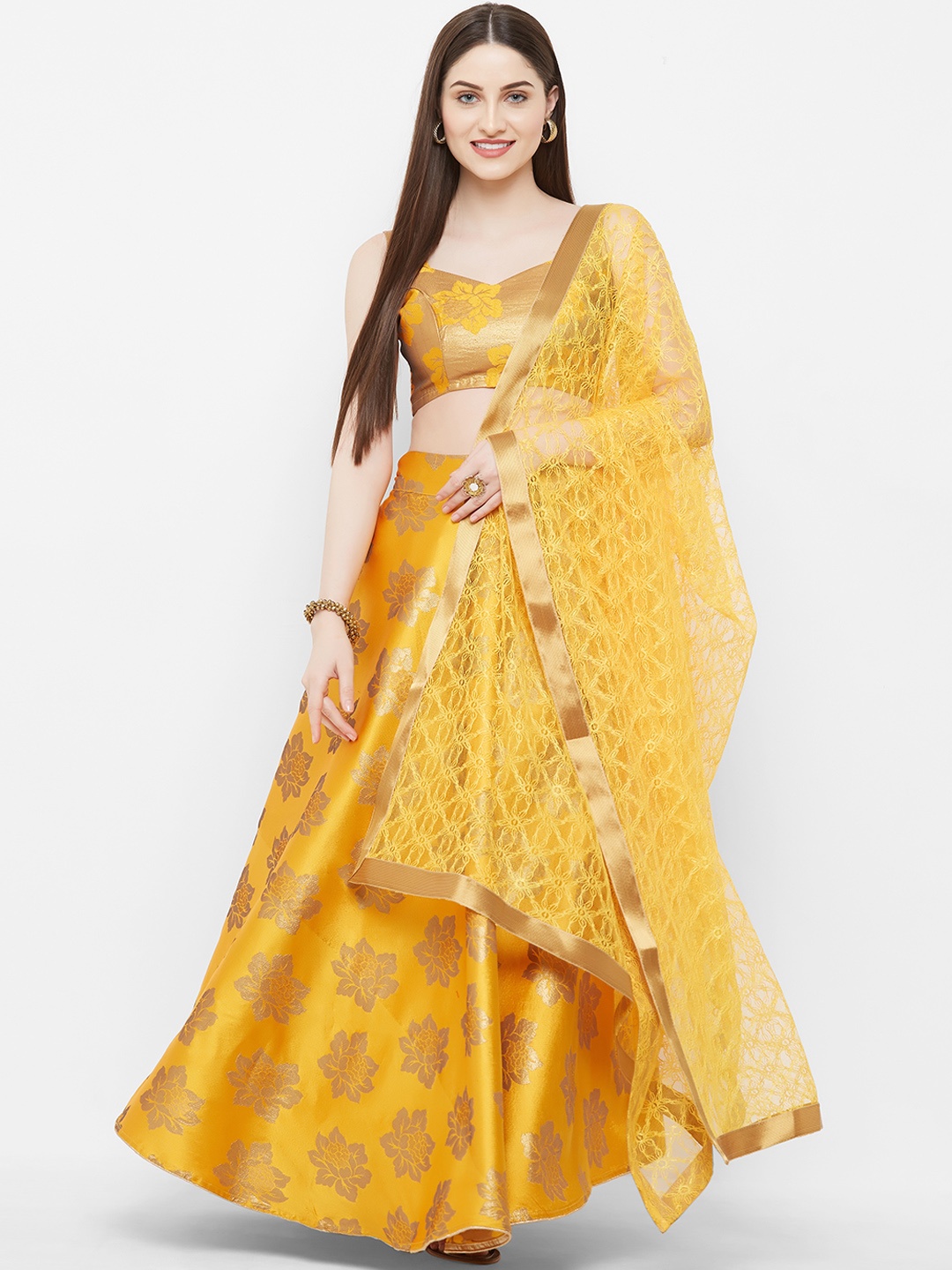 

Aasvaa Yellow Semi-Stitched Lehenga & Unstitched Blouse With Dupatta