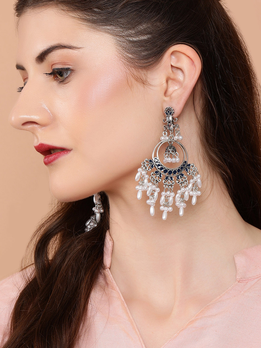 

Rubans Silver-Plated & White Classic Drop Earrings