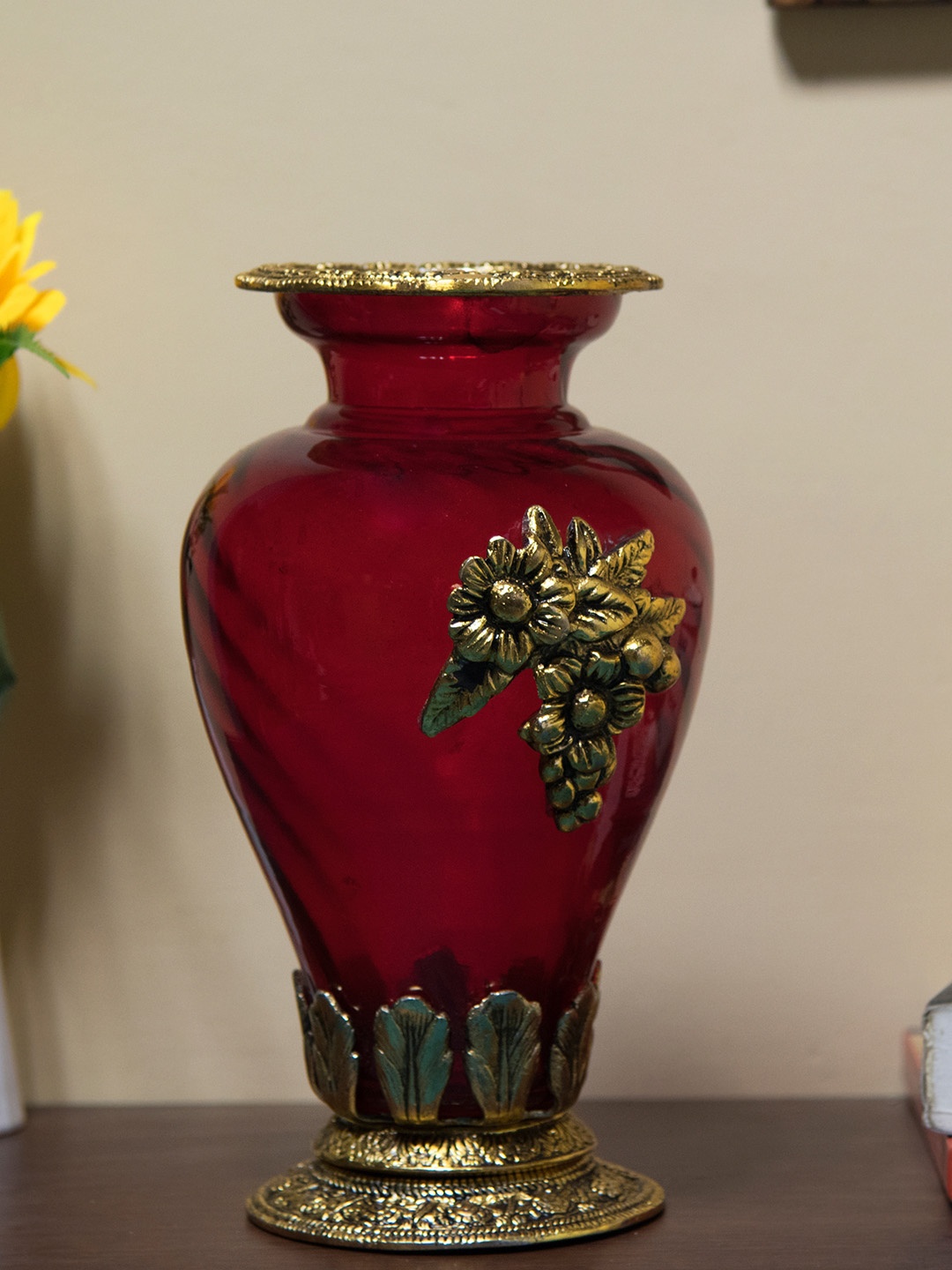 Homesake Red & Gold-Toned Large Flower Vase with Antique Grapevine Brooch