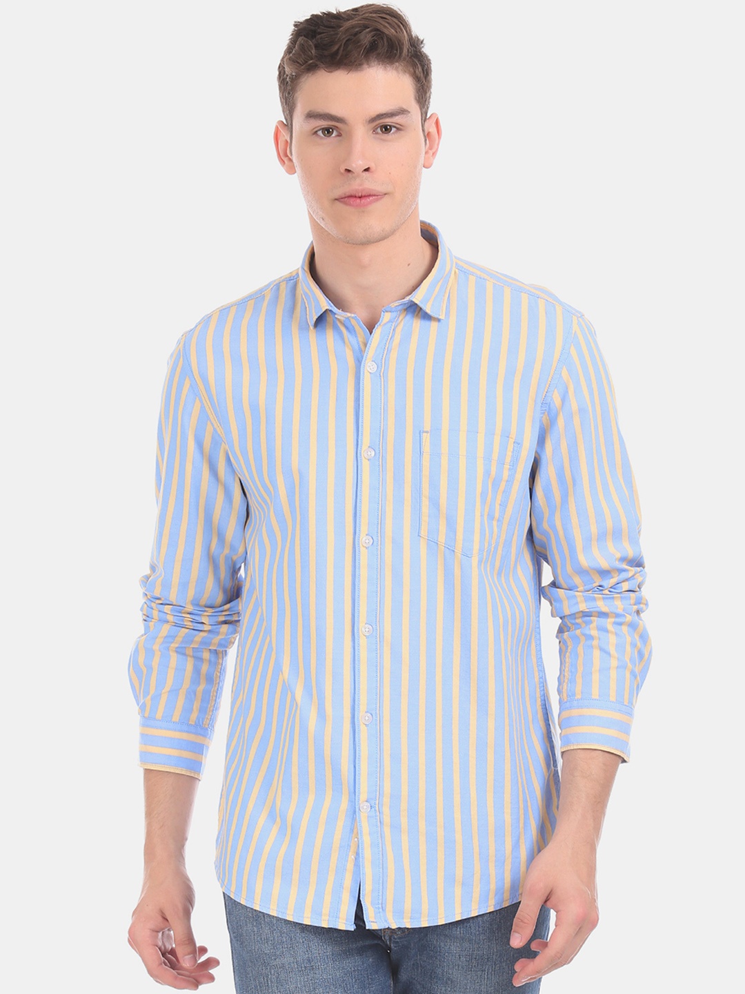 

Ruggers Men Blue & Yellow Regular Fit Striped Casual Shirt