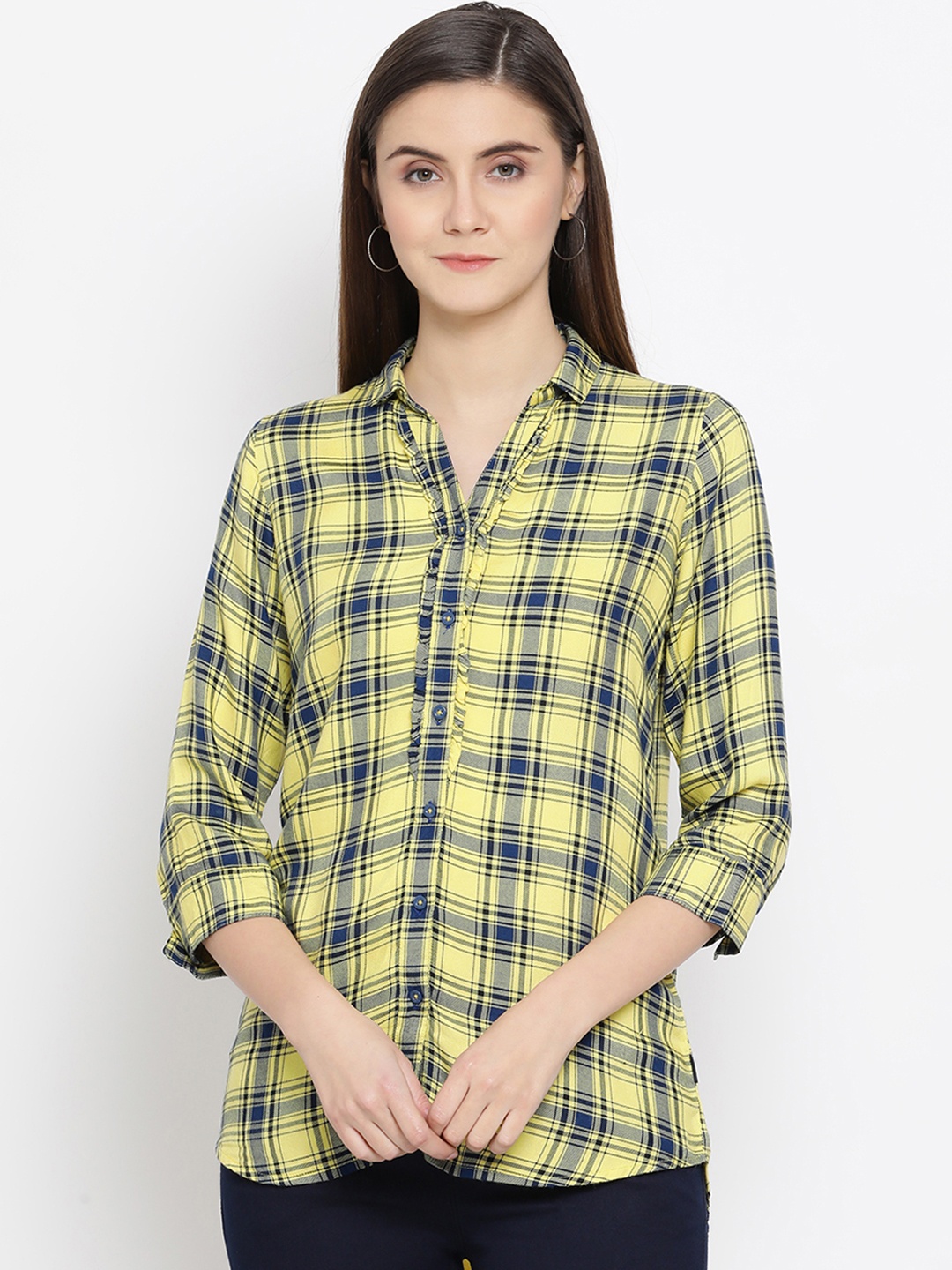 

Crimsoune Club Women Yellow & Blue Slim Fit Checked Casual Shirt