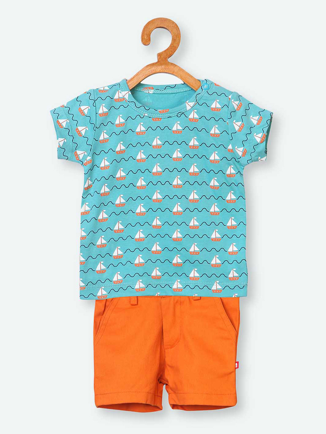 

Nino Bambino Boys Teal Blue & Orange Organic Cotton Printed T-shirt with Shorts