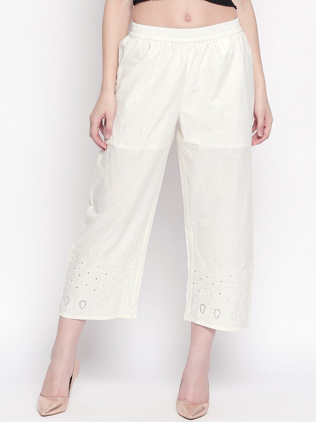 

RANGMANCH BY PANTALOONS Women Off-White Regular Fit Solid Regular Trousers
