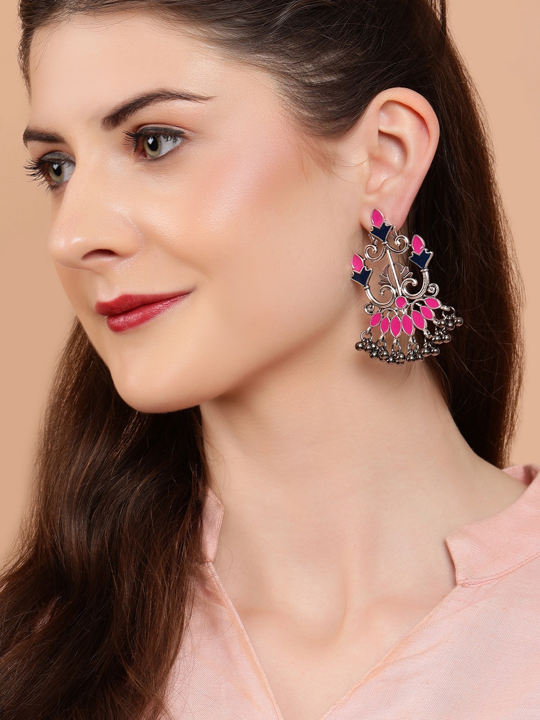 

Rubans Silver-Plated & Pink Enameled Classic Drop Earrings