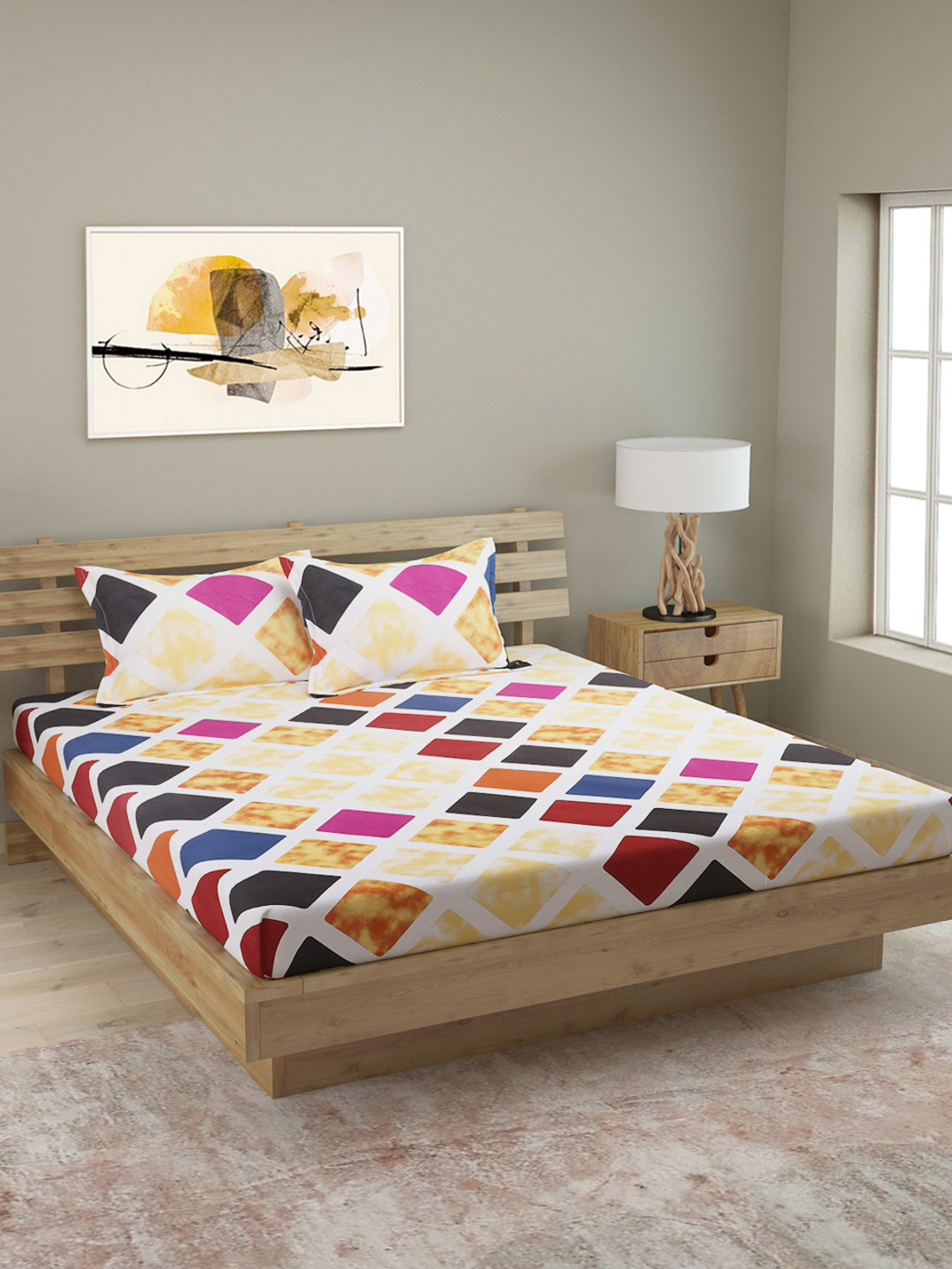 

ROMEE Brown & White Geometric 120 TC Cotton 1 Queen Bedsheet with 2 Pillow Covers