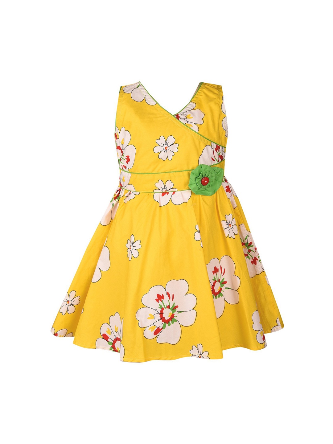 Wish Karo Girls Yellow & Off-White Printed Fit and Flare Dress