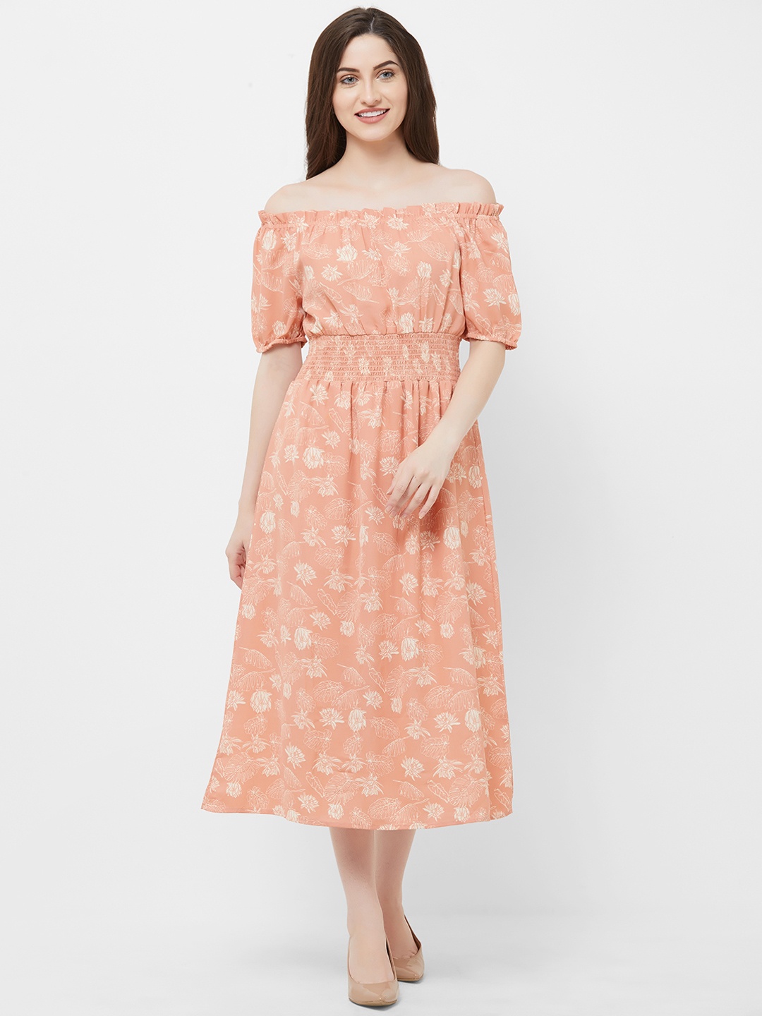 

109F Women Peach-Coloured Floral Printed Fit and Flare Dress