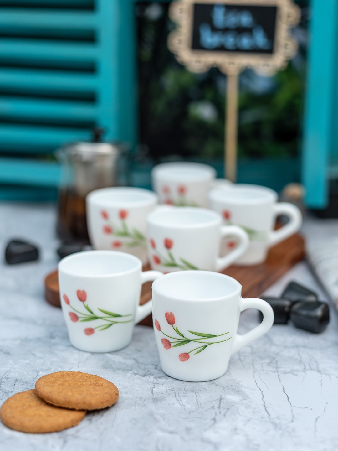 

Laopala White & Green Set Of 12 Printed Opalware Cups Set