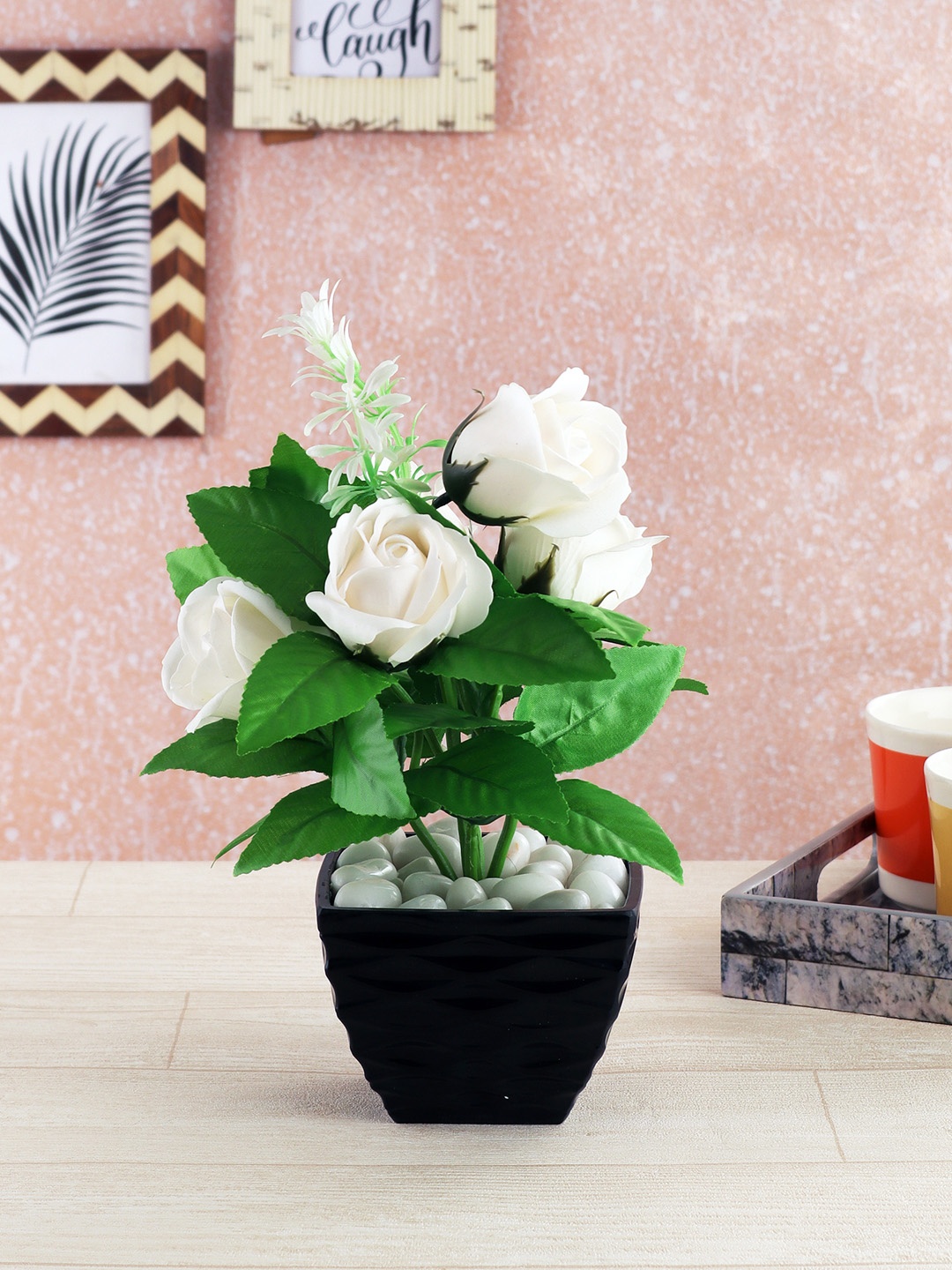 

FOLIYAJ Green & White Artificial Rose Plant With Black Pot