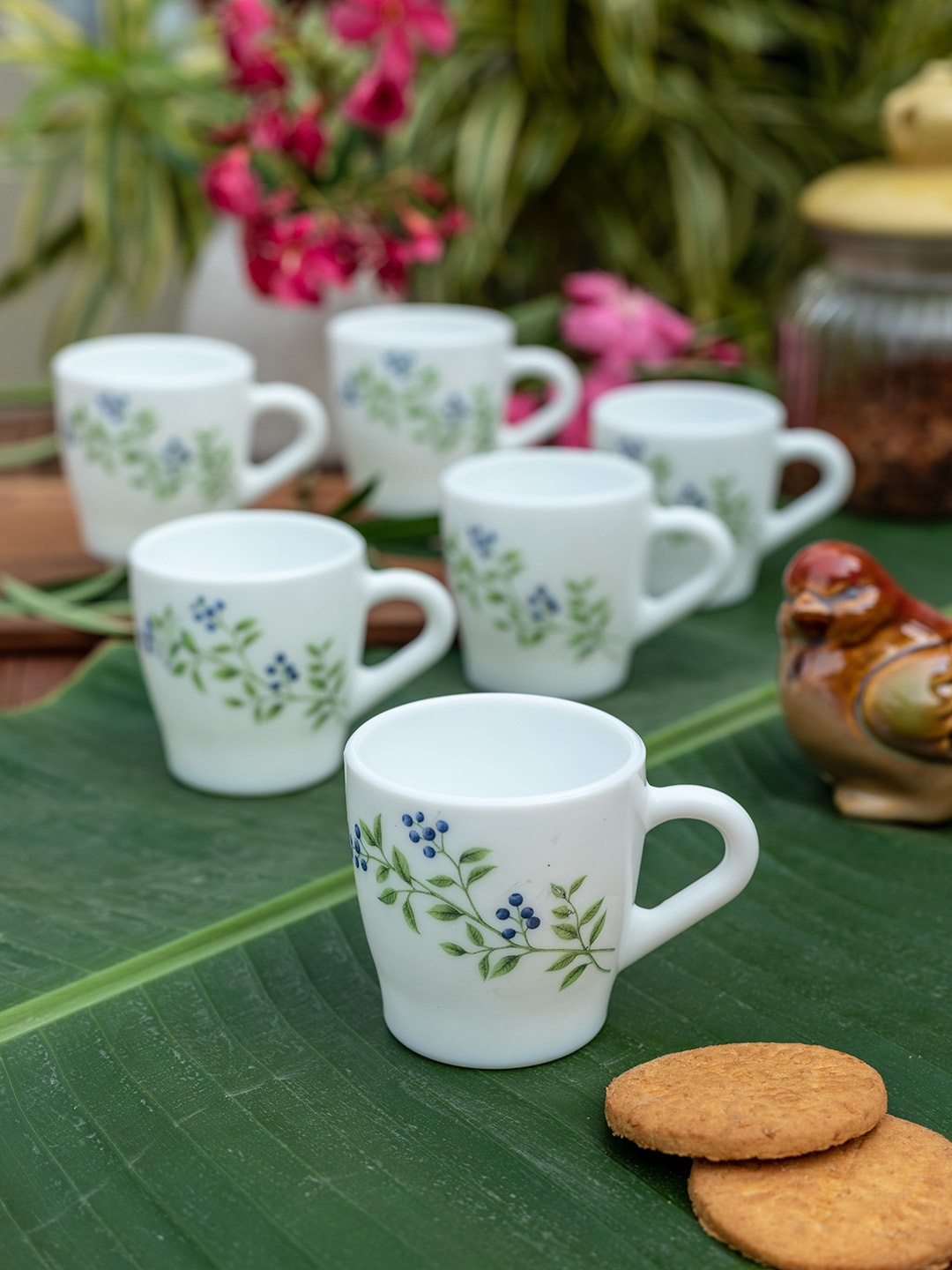

Laopala Set of 6 White & Green Printed Opalware Cups