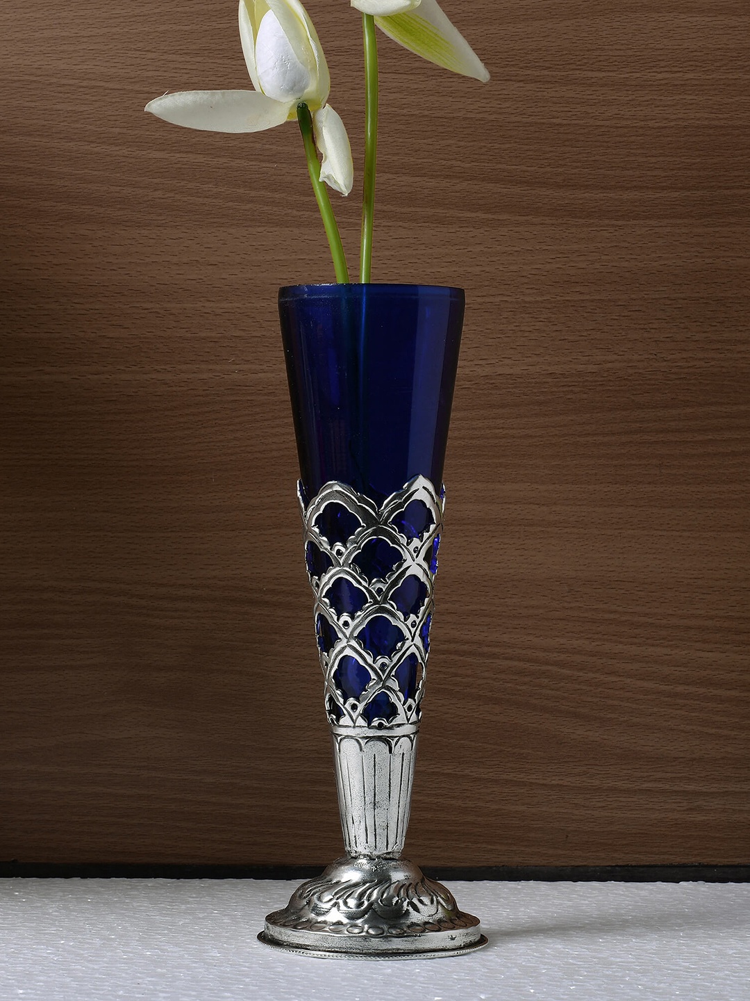 

Homesake Silver-Toned & Blue Azure Flower Vase with Hand Carving