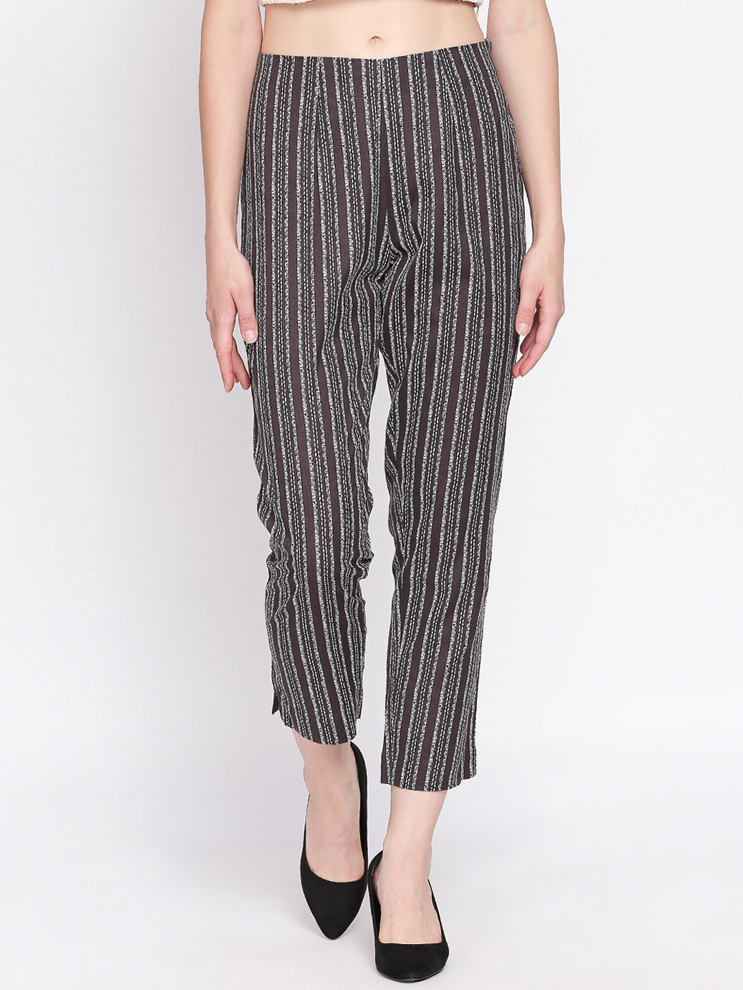 

RANGMANCH BY PANTALOONS Women Grey Regular Fit Striped Regular Trousers
