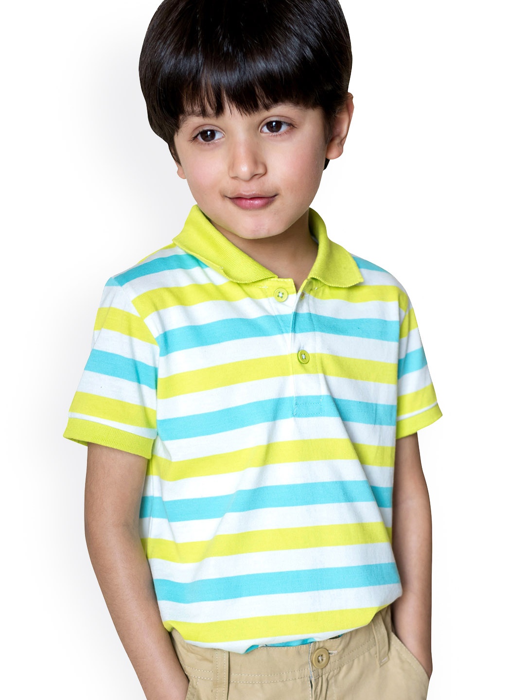 

Campana Boys White & Turquoise Blue Striped Polo Collar T-shirt