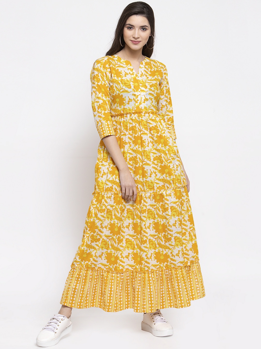 

Indibelle Women Yellow & White Printed Maxi Dress