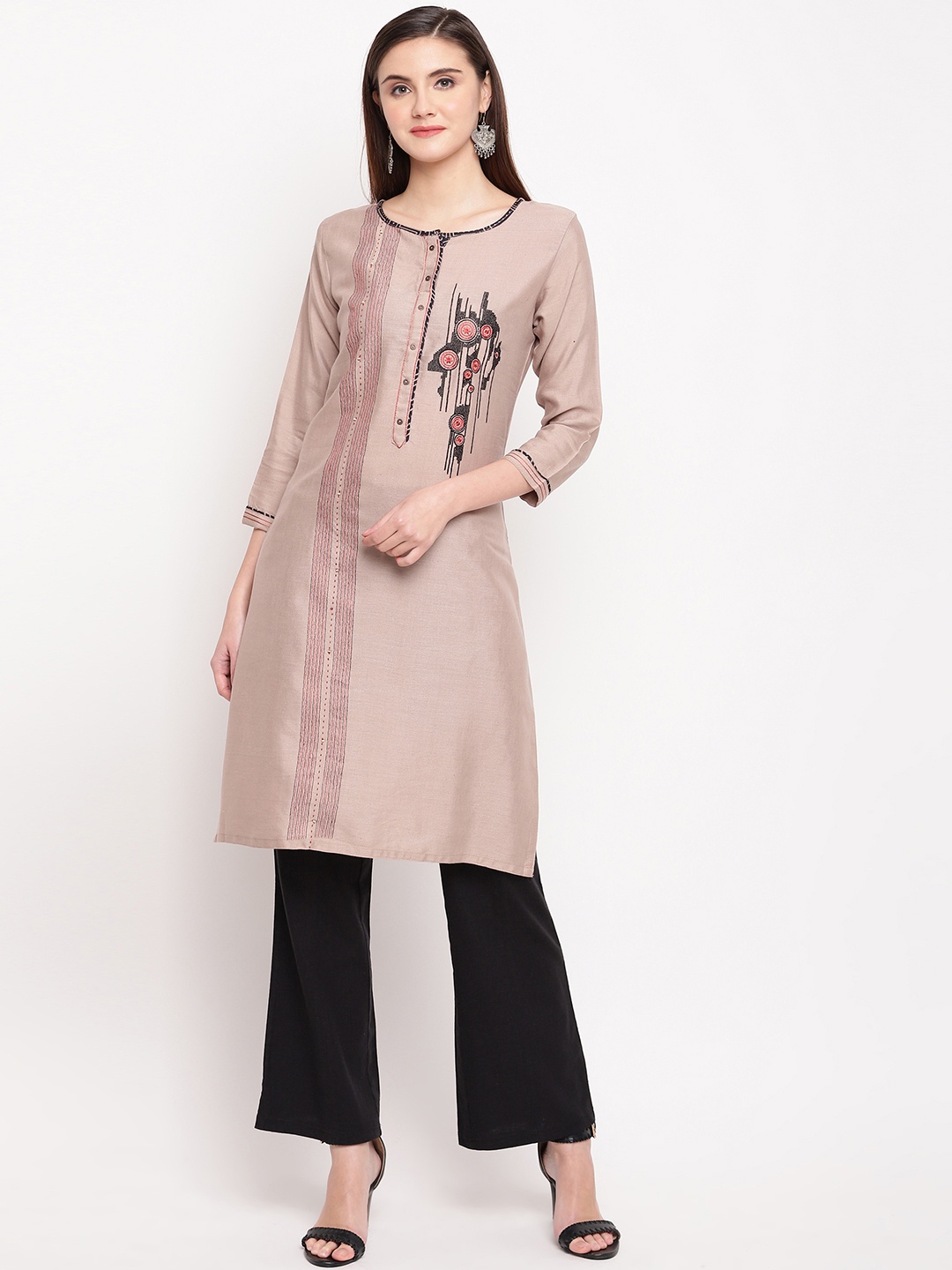 

Kvsfab Women Beige Printed Straight Kurta
