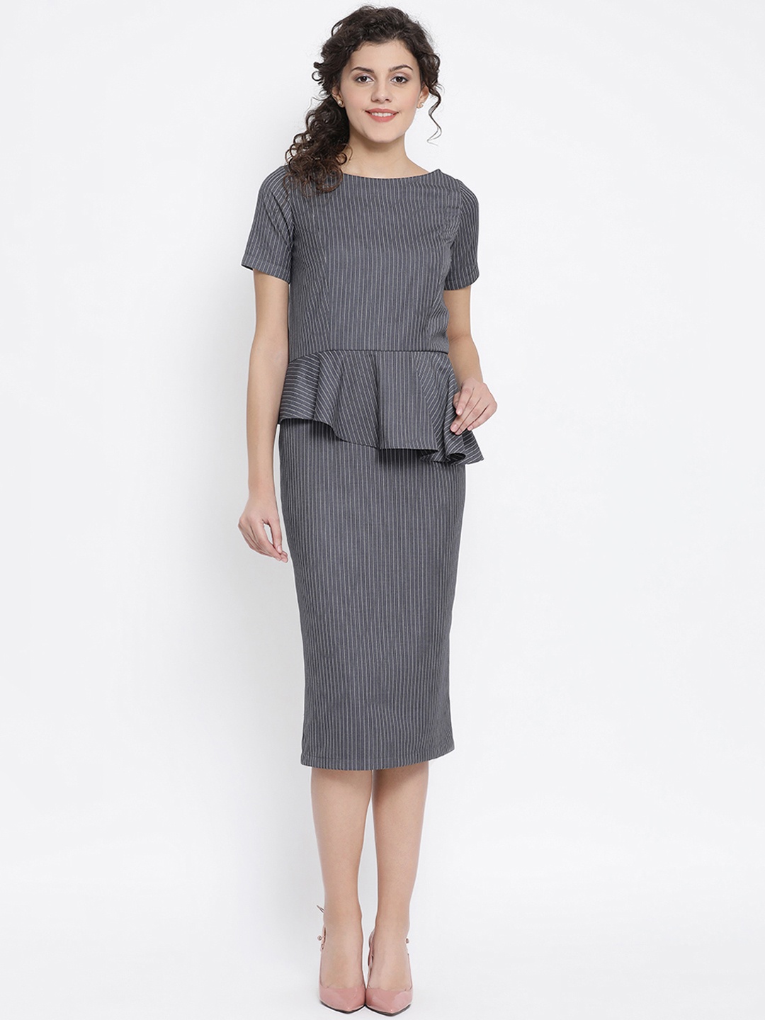 

OFFICE & YOU Women Grey Striped Sheath Dress