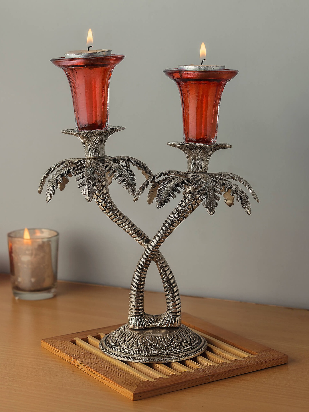 

Homesake Red Double Palm-Tree Hand-Carved Candle Holder