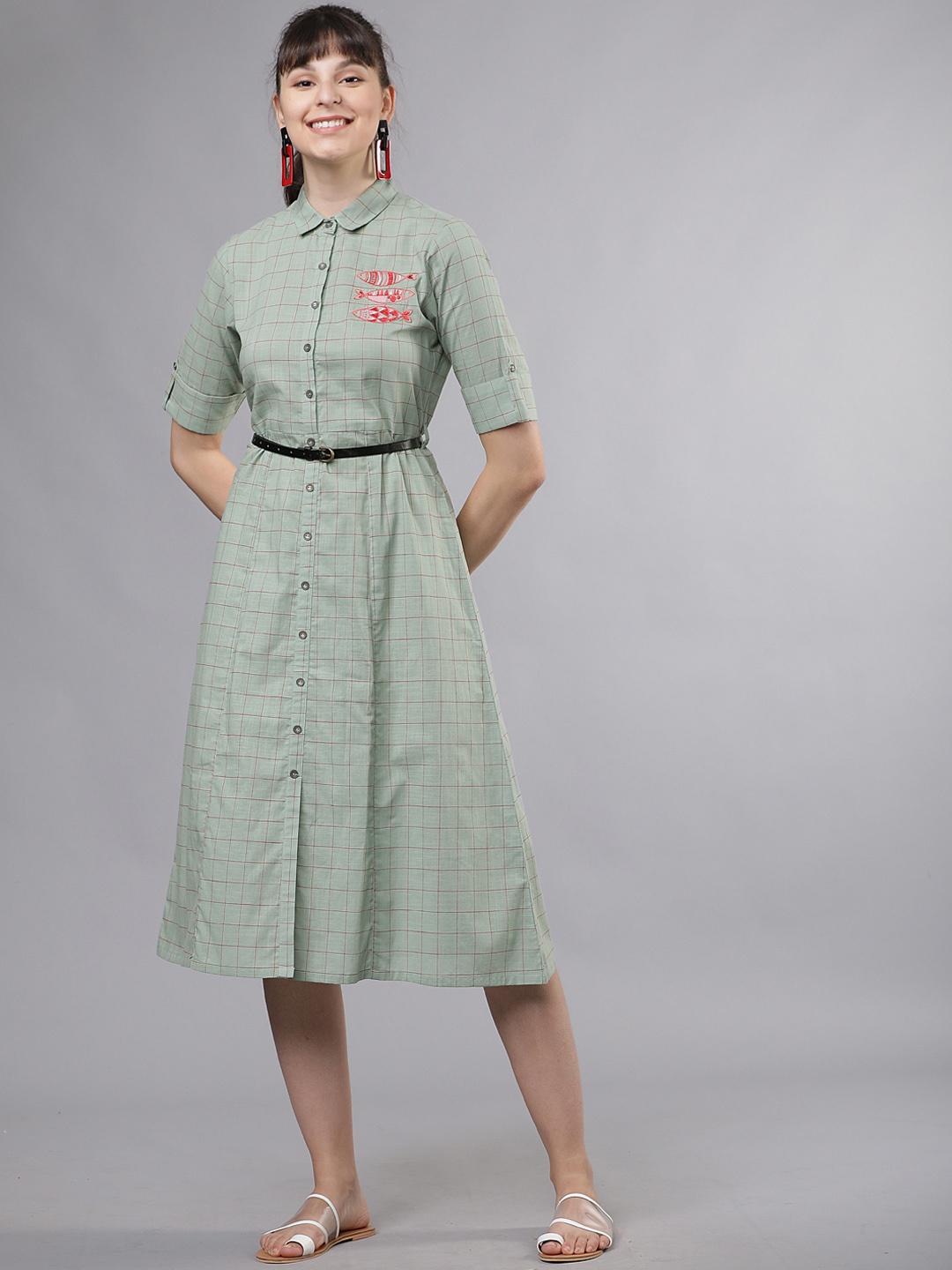 

Vishudh Women Green Checked Shirt Dress