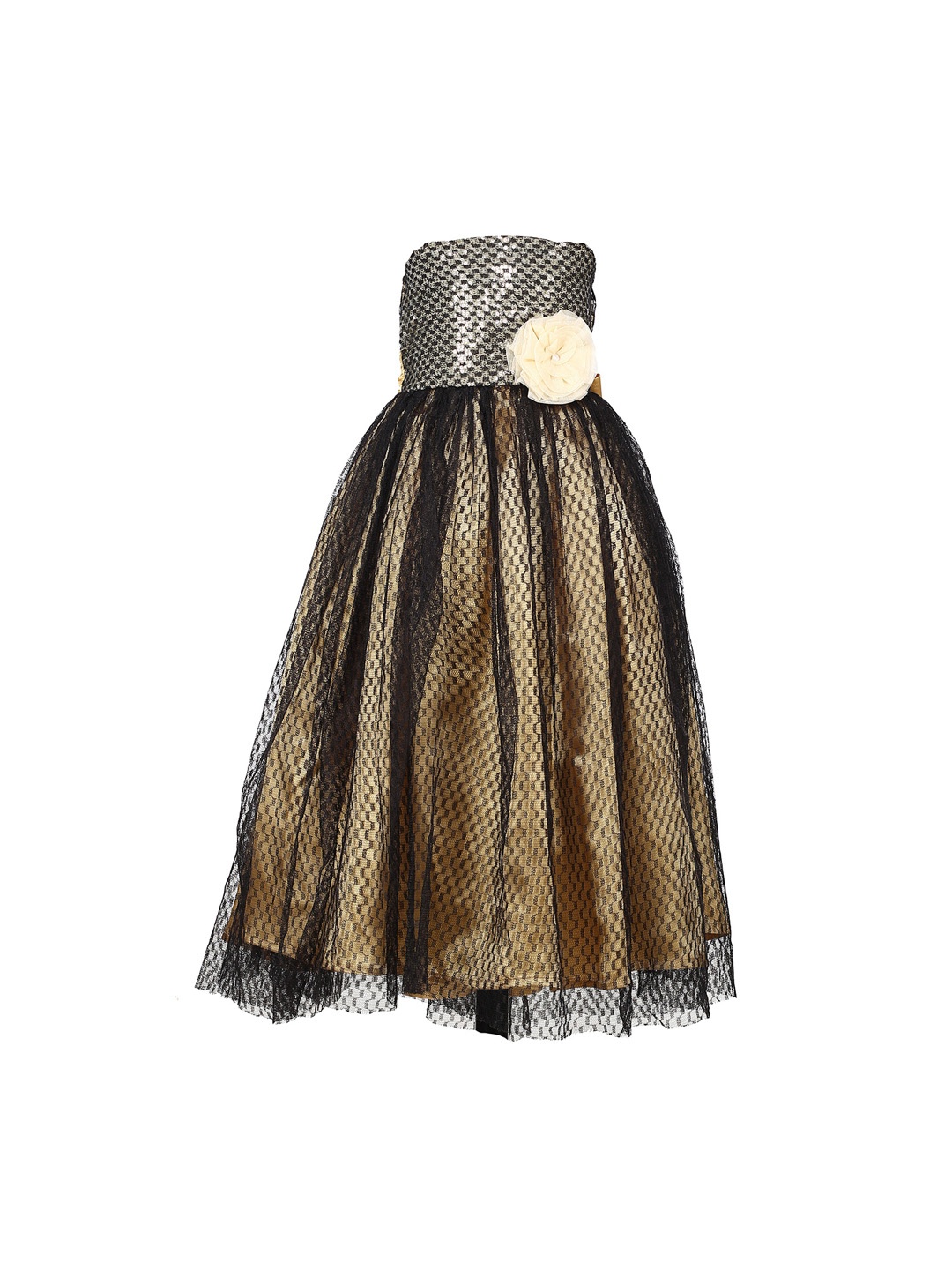 

Samsara Couture Girls Gold-Toned & Black Self Design Fit and Flare Dress