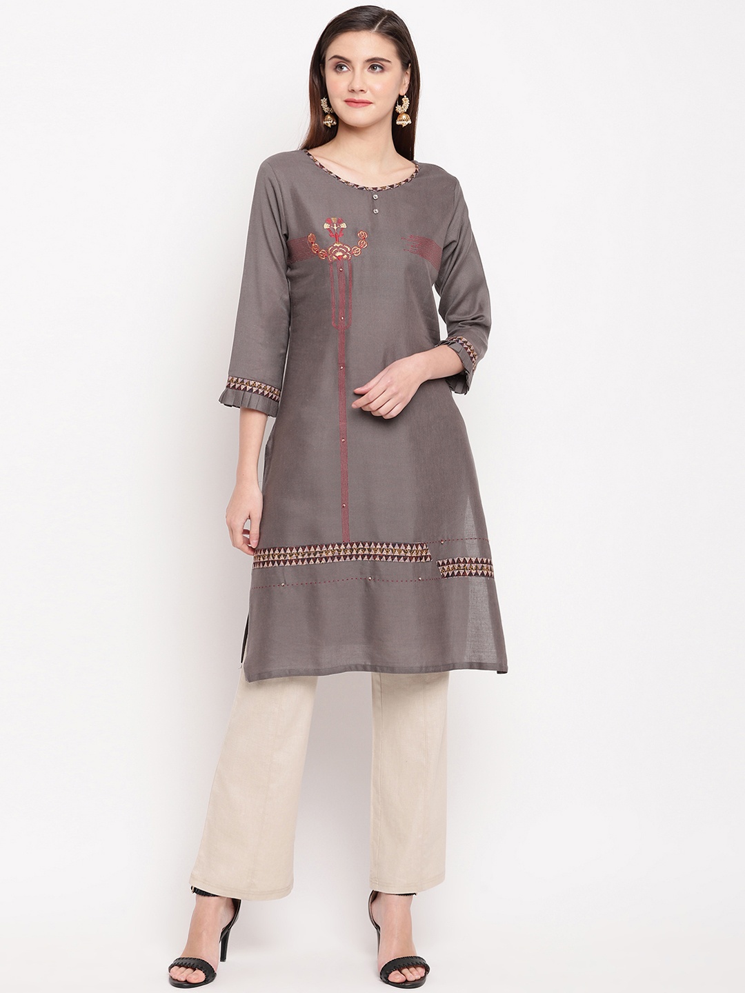 

Kvsfab Women Grey Embroidered A-Line Kurta