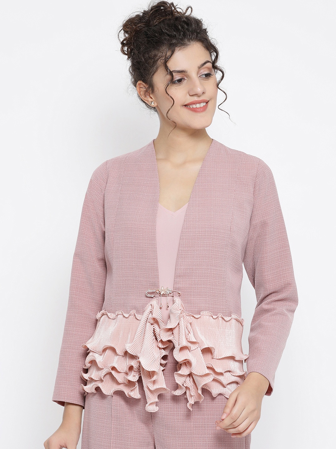 

OFFICE & YOU Women Pink Self Design Open Front Jacket