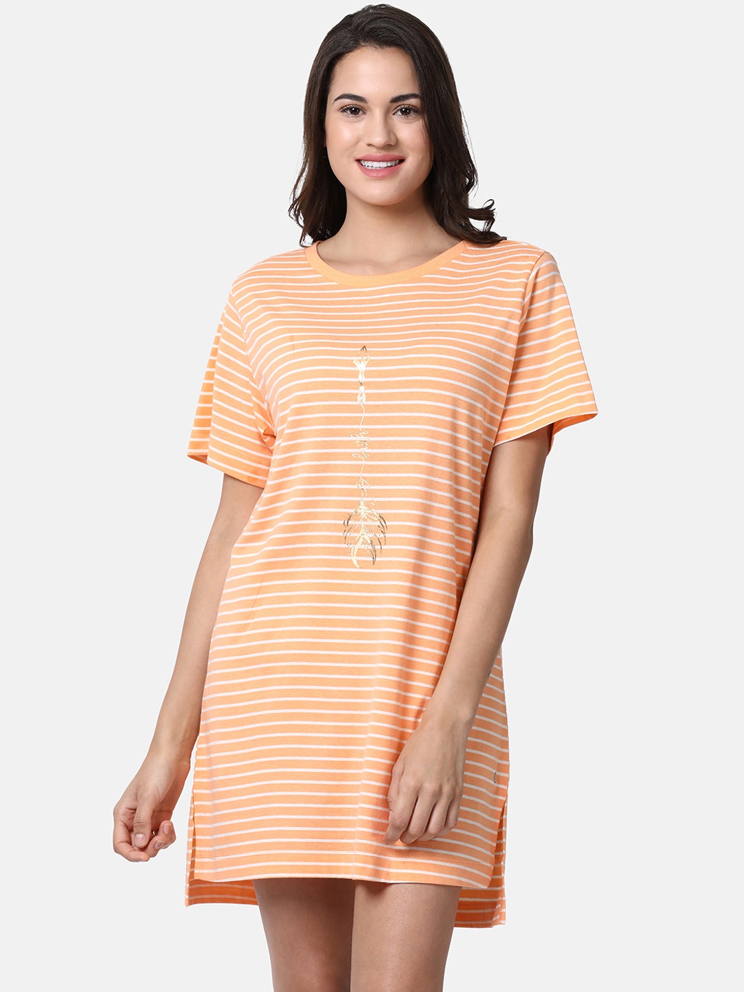 

Enamor Women Orange & White Striped Relaxed Fit Long Length Tunic T-Shirt