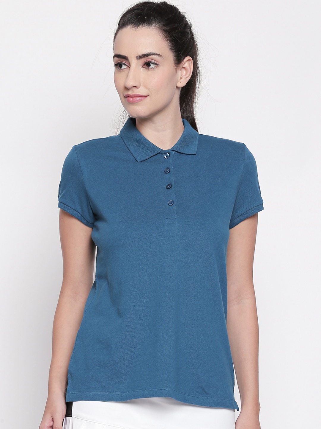 

Ajile by Pantaloons Women Teal Blue Solid Polo Collar T-shirt