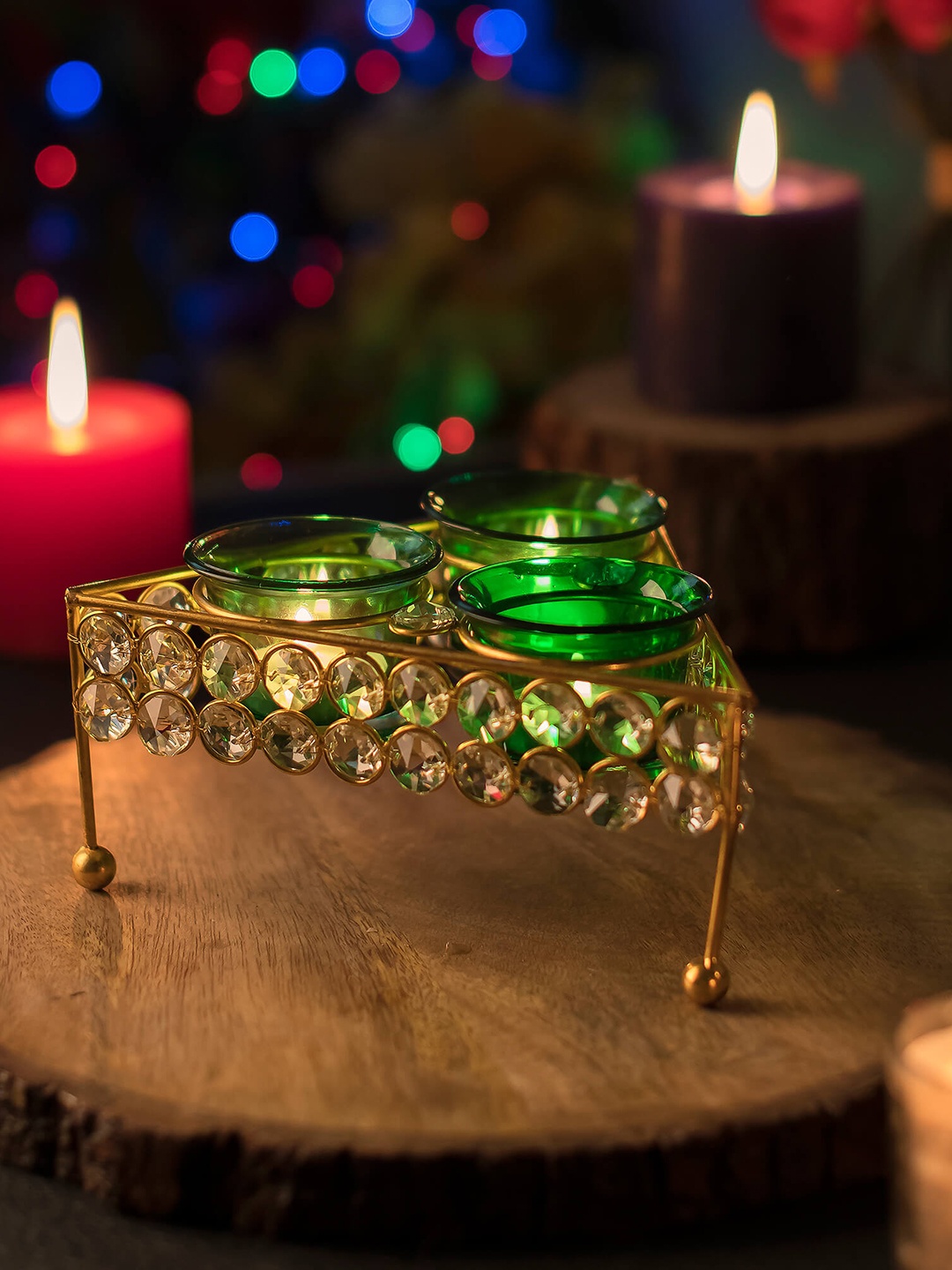 

Homesake Gold-Toned & Green Table-Top Candle Holder with Tealight Candles