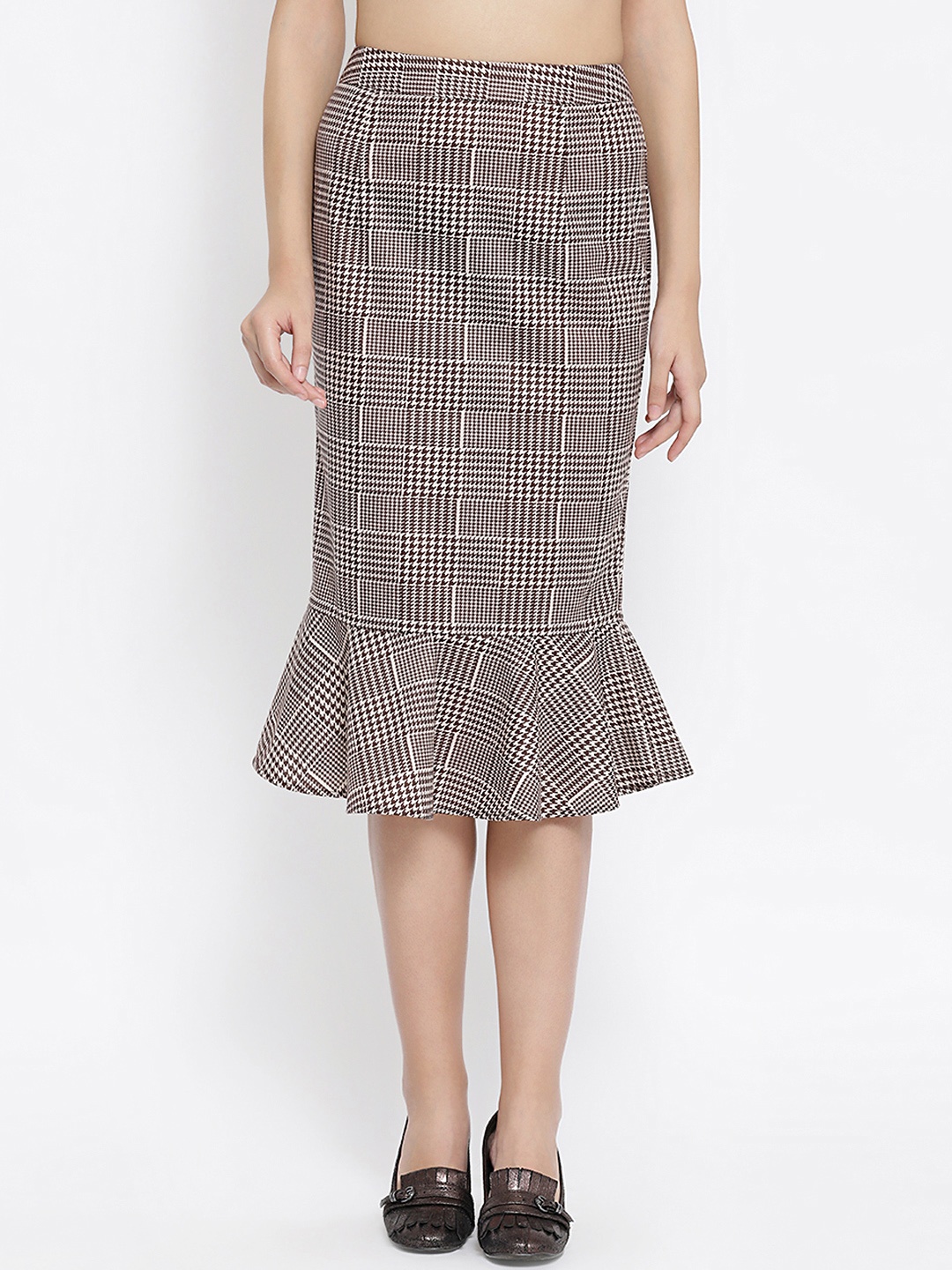 

OFFICE & YOU Women Brown & Beige Printed Peplum Midi Skirt