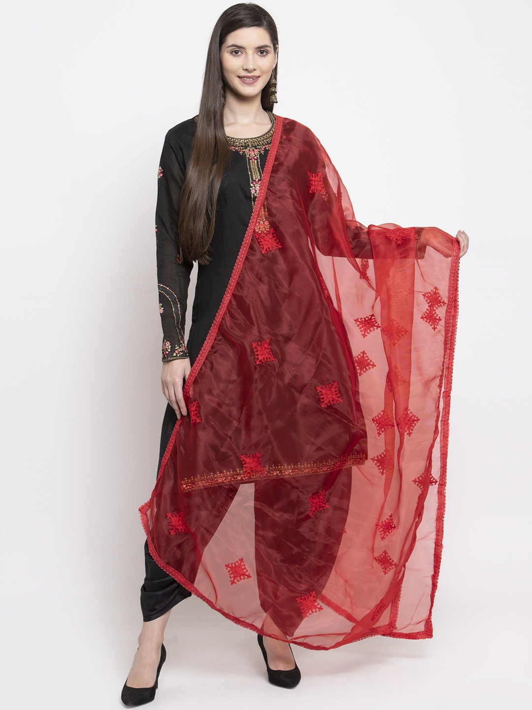 

mf Women Red Organza Embroidered Dupatta