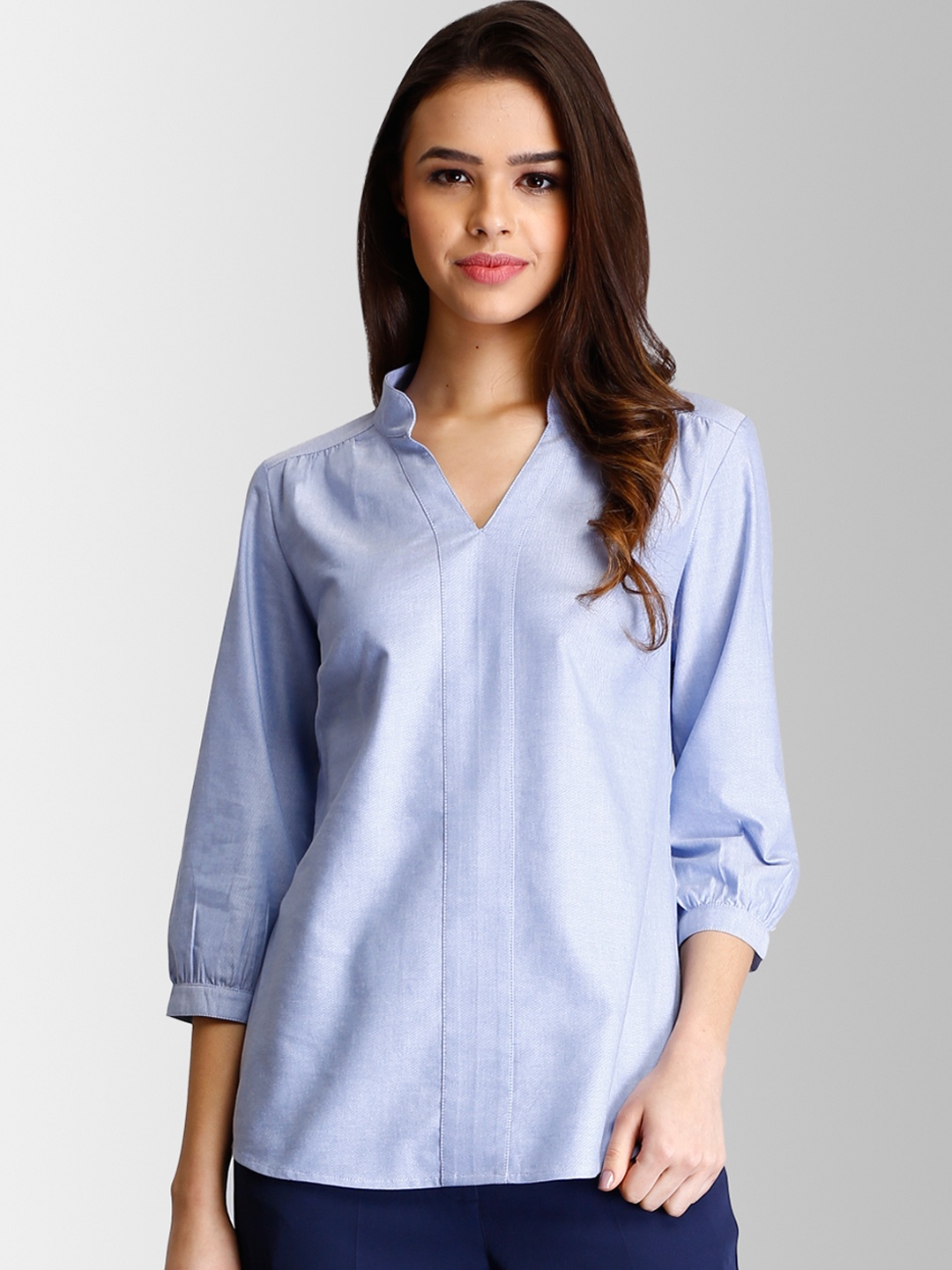 FableStreet Women Blue Solid Pure Cotton Top
