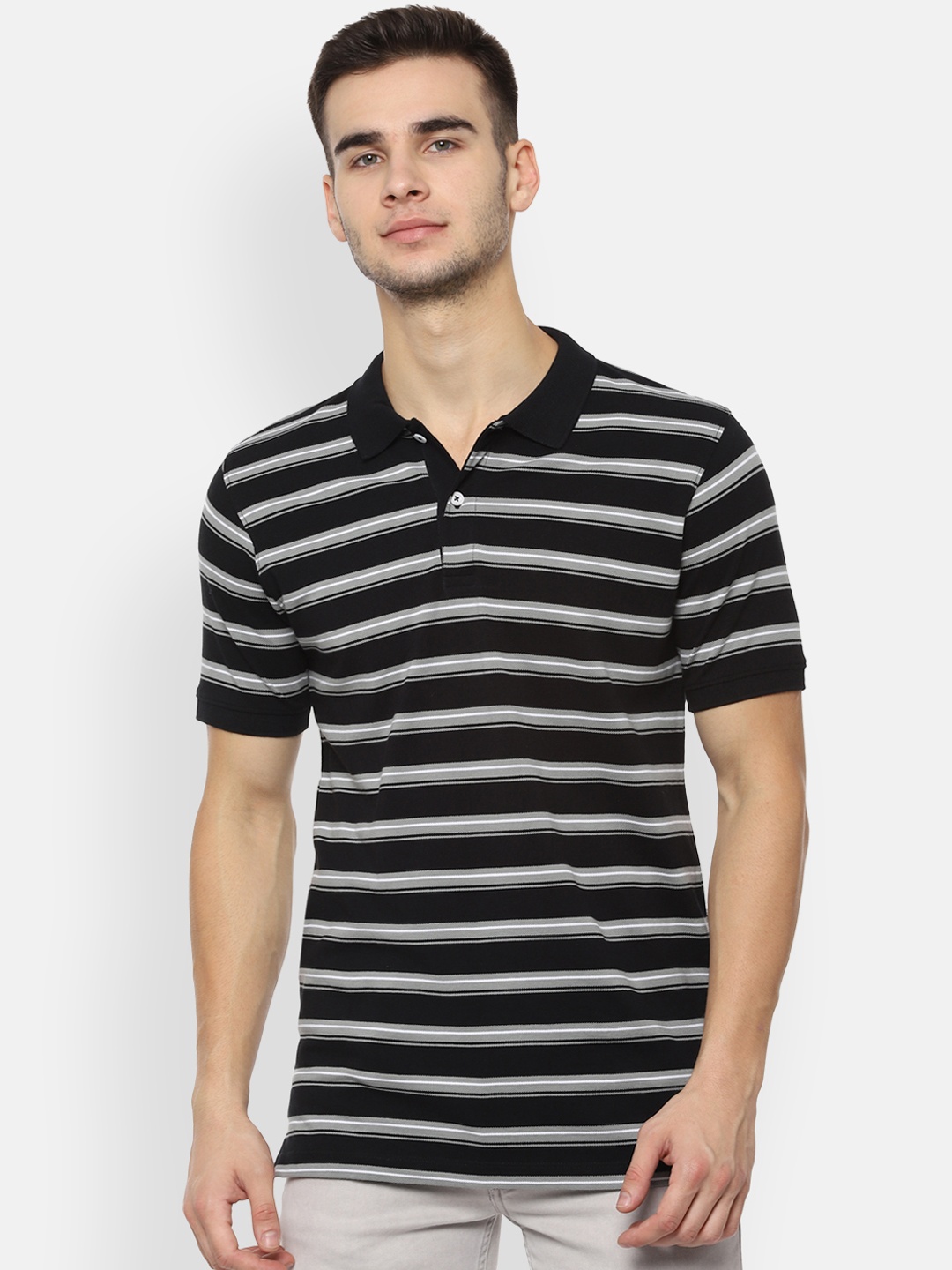 

Van Heusen Men Black Grey Striped Polo Collar Pure Cotton T-shirt
